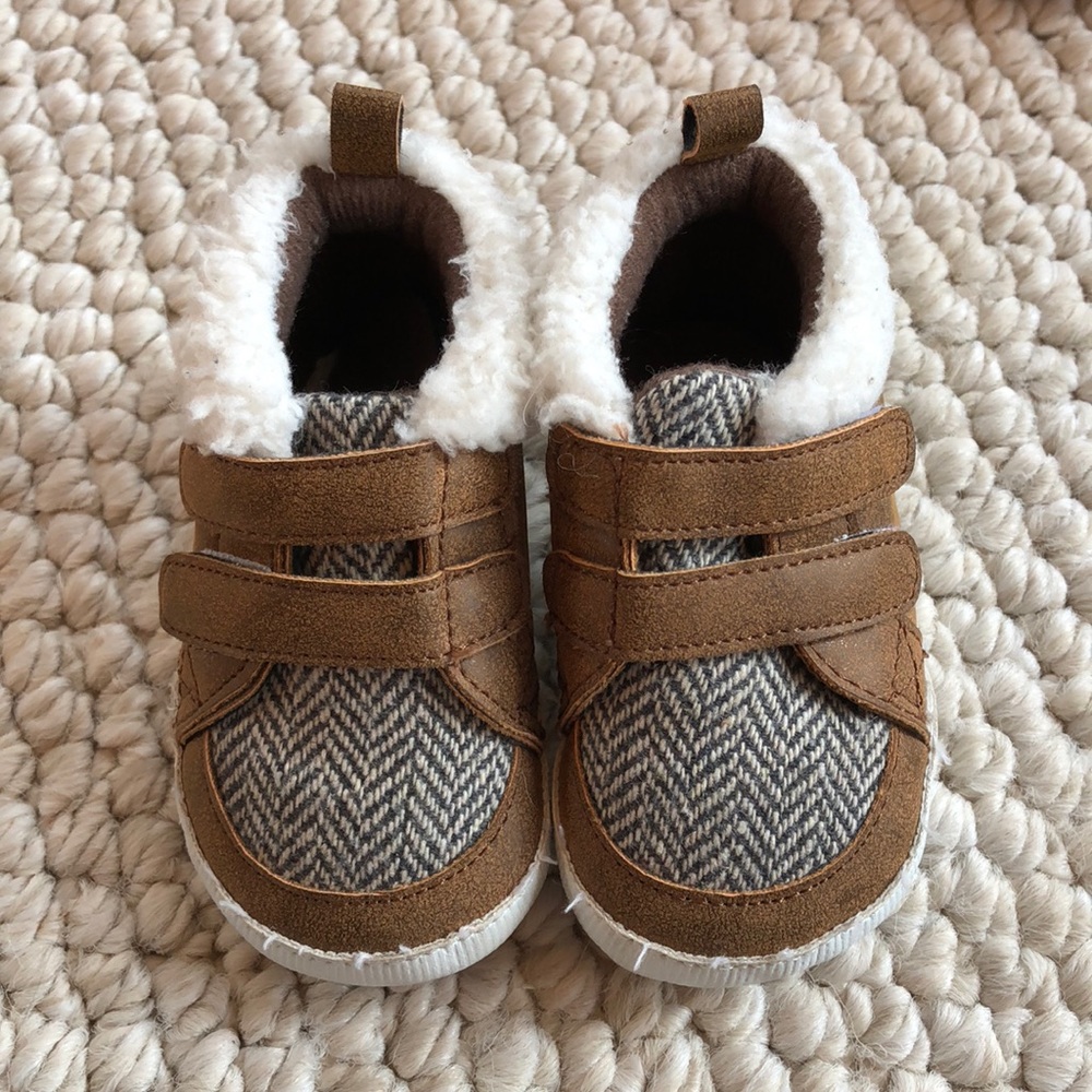 3-6 month Herringbone and faux leather shoes